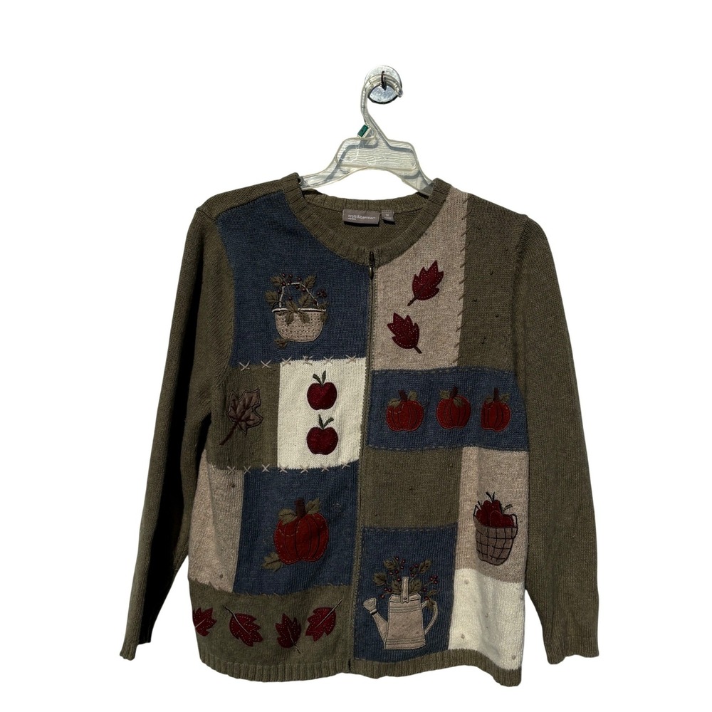 Green Tan Zip Patchwork Sweater Fall Harvest Apple Pumpkin Grandmacore Teacher